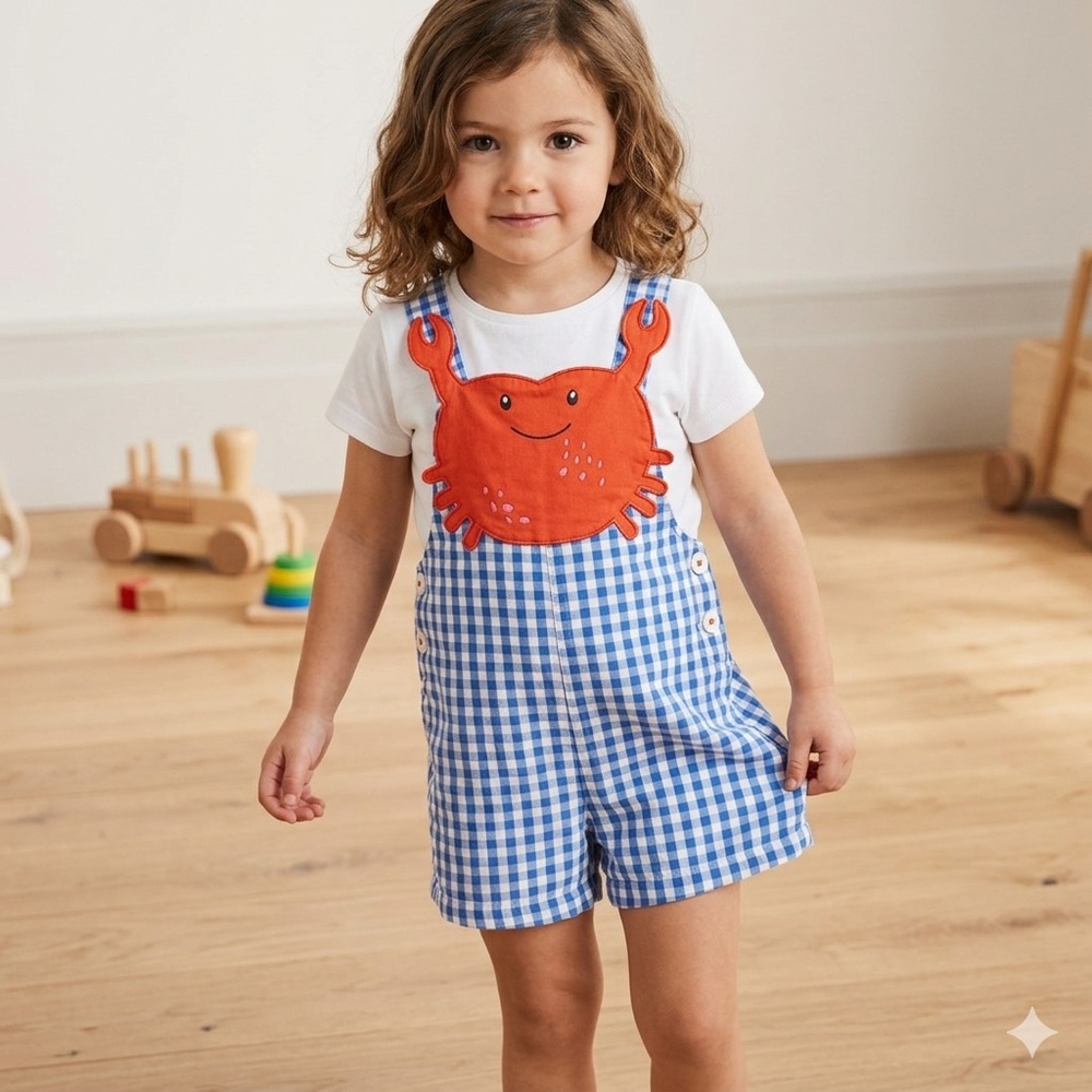 Baby Boden Blue Checkered Overalls with Orange Crab Design